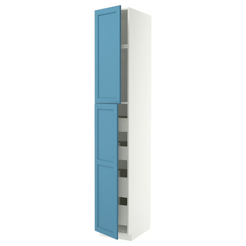 METOD / MAXIMERA Hi cab w 2 doors/4 drawers, white/Lerhyttan blue, 40x60x240 cm