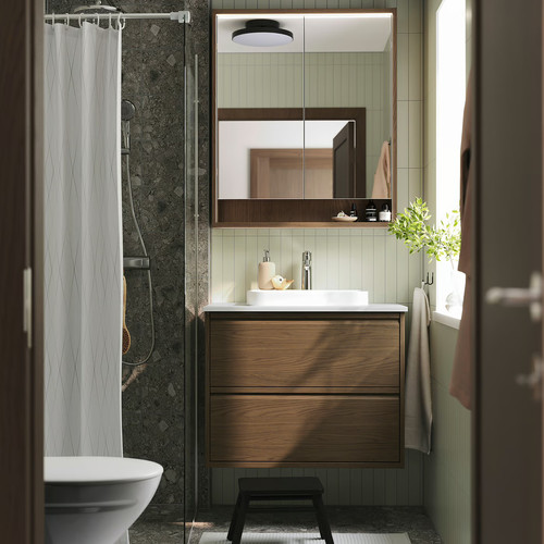 ÄNGSJÖN / BACKSJÖN Wash-stnd w drawers/wash-basin/tap, brown oak effect/white marble effect, 82x49x71 cm
