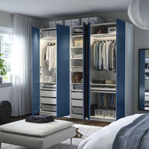 PAX / FYRUDDEN Wardrobe combination, white/blue, 250x60x236 cm