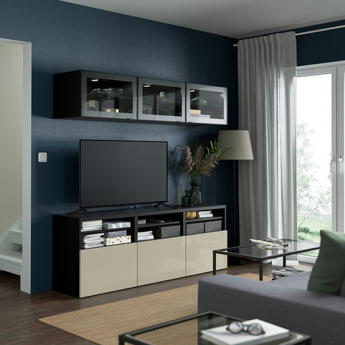 BESTÅ TV storage combination/glass doors, black-brown/Selsviken high-gloss/beige clear glass, 180x42x192 cm