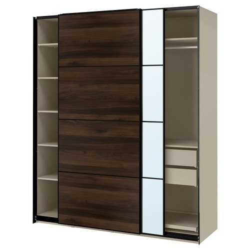 PAX / MEHAMN/AULI Wardrobe with sliding doors, grey-beige black/dark brown oak effect mirror glass, 200x66x236 cm