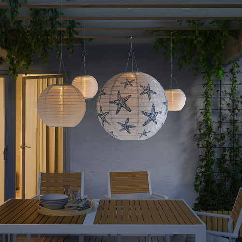 SOLVINDEN LED solar-powered pendant lamp, outdoor globe/blue star, 45 cm