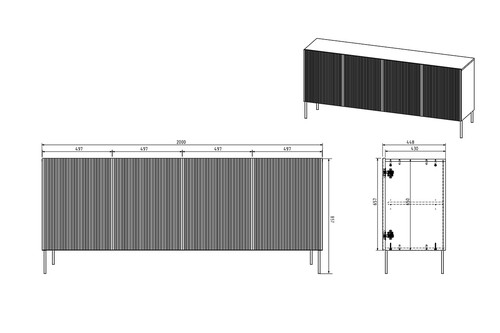 Four-Door Cabinet Nicole 200cm, matt white, black legs