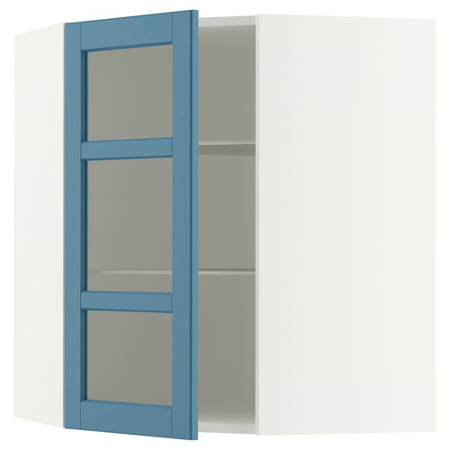 METOD Corner wall cab w shelves/glass dr, white/Lerhyttan blue, 68x80 cm