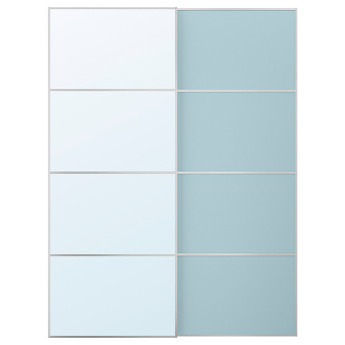 MEHAMN/AULI Pair of sliding doors, aluminium double sided/light blue mirror glass, 150x201 cm