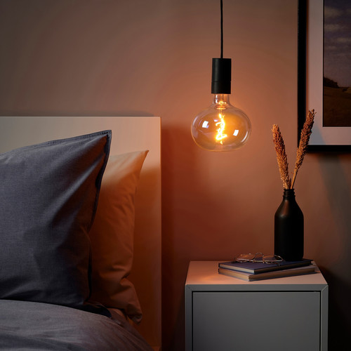SUNNEBY / MOLNART Pendant lamp with light bulb, black/ellipse shaped multicolour