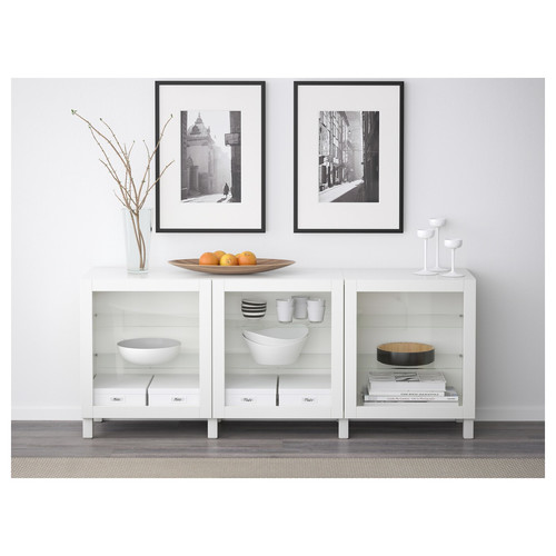 BESTÅ Storage combination with doors, white, Sindvik white, clear glass, 180x40x74 cm