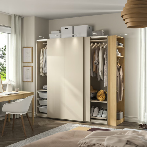 PAX / HASVIK Wardrobe with sliding doors, grey-beige grey-beige/oak effect, 220x66x201 cm