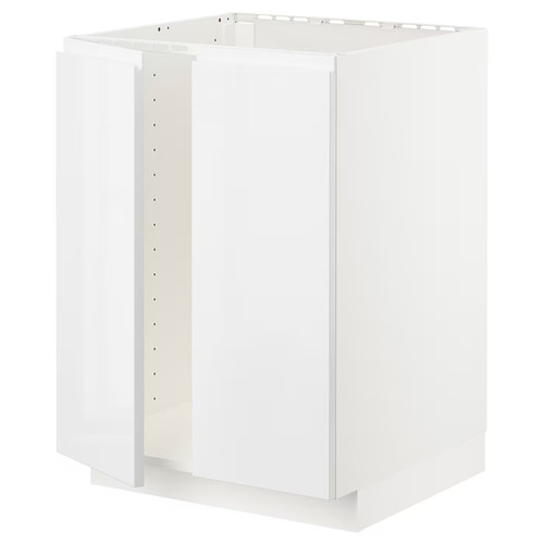 METOD Base cabinet for sink + 2 doors, white/Voxtorp high-gloss/white, 60x60 cm