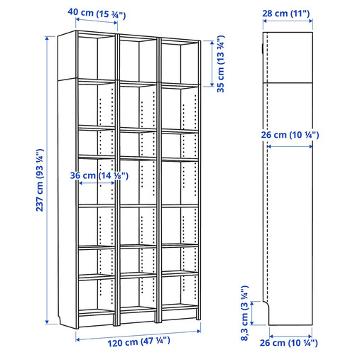 BILLY Bookcase comb w extension units, black oak effect, 120x28x237 cm