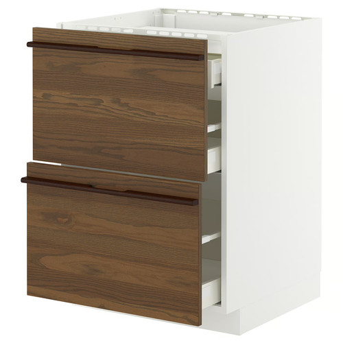 METOD / MAXIMERA Base cab f hob/2 fronts/3 drawers, white/Stensta dark brown ash veneer, 60x60 cm