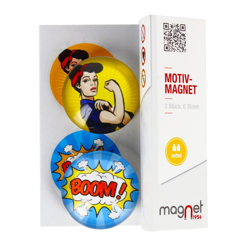 Glass Motiv Magnet 3.5cm 2pcs Strong Woman/Boom