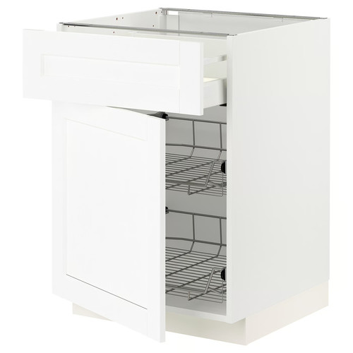 METOD / MAXIMERA Base cab w wire basket/drawer/door, white Enköping/white wood effect, 60x60 cm