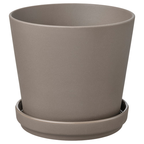 KLARBÄR Plant pot with saucer, in/outdoor grey-brown, 15 cm
