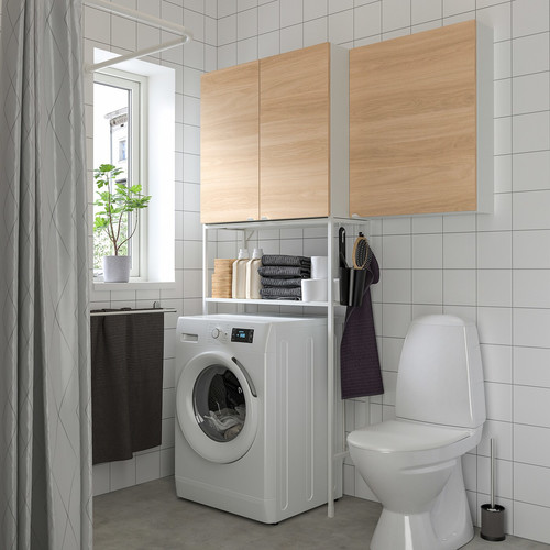 ENHET Storage combination for laundry, white/oak, 140x32x204 cm
