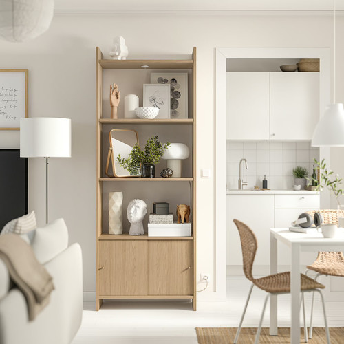 LÅDMAKARE Storage combination w sliding doors, with 3 shelves/oak effect, 81x35x212 cm