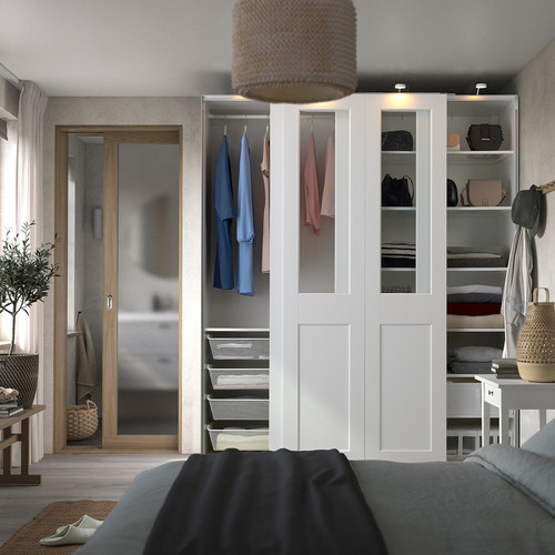 PAX / GRIMO Wardrobe with sliding doors, white/clear glass white, 200x66x236 cm