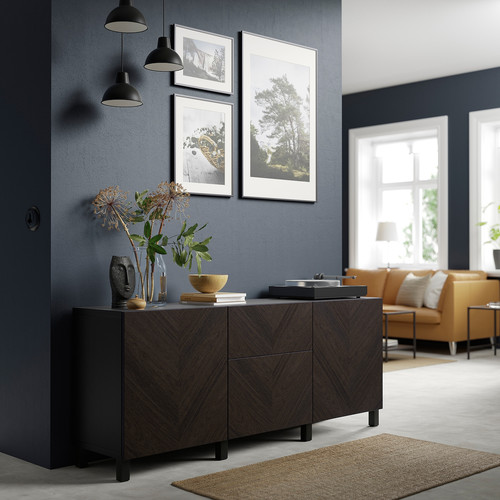 BESTÅ Storage combination with drawers, black-brown Hedeviken/Stubbarp/dark brown stained oak veneer, 180x42x74 cm