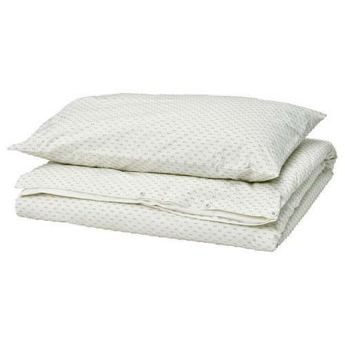 BANDKNIPPE Duvet cover and pillowcase, white/green, 150x200/50x60 cm