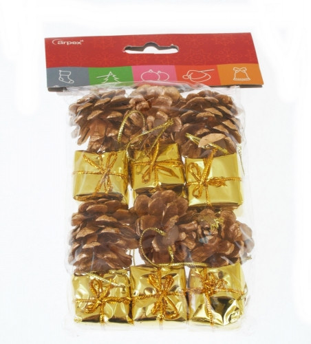 Gift and Pine Cone Christmas Ornaments, Gold, Pack of 12