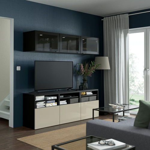 BESTÅ TV storage combination/glass doors, black-brown, 180x42x192 cm