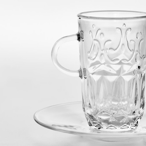 SÄLLSKAPLIG Cup with saucer, clear glass/patterned, 7 cl, 4 pack