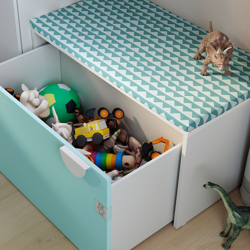 SMÅSTAD Bench with toy storage, white, pale turquoise, 90x50x48 cm