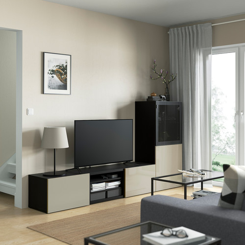 BESTÅ TV storage combination/glass doors, black-brown/Selsviken high-gloss/beige smoked glass, 240x42x129 cm
