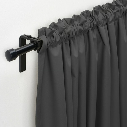 KORGMOTT Block-out curtains, 1 pair, dark grey/with heading tape, 145x300 cm