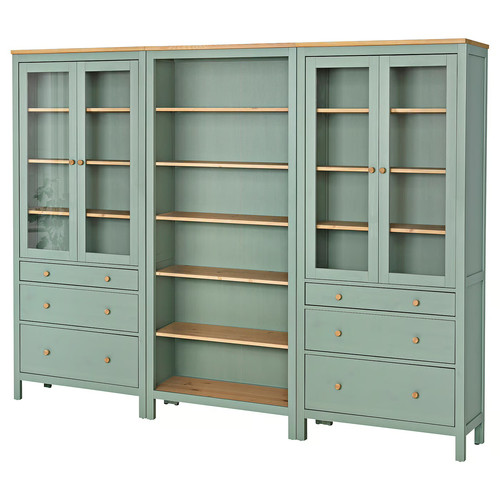 HEMNES Storage combination w doors/drawers, grey-green/light brown stained, 270x197 cm