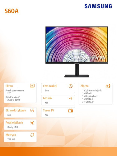 Samsung 27" Monitor 27 LS27A600NAUXEN IPS WQHD 1xHDMI 1xDP 3xUSB 3.0