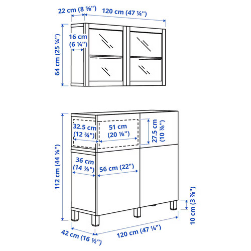 BESTÅ Storage combination w doors/drawers, white/Sutterviken/Kabbarp white clear glass, 120x42x213 cm