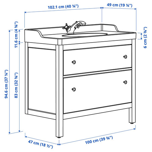 HEMNES / RUTSJÖN Wash-stnd w drawers/wash-basin/tap, white, 102x49x95 cm