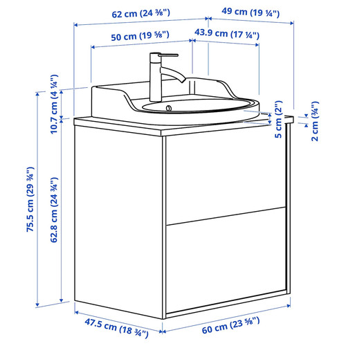 TÄNNFORSEN / RUTSJÖN Wash-stnd w drawers/wash-basin/tap, white/brown walnut effect, 62x49x76 cm