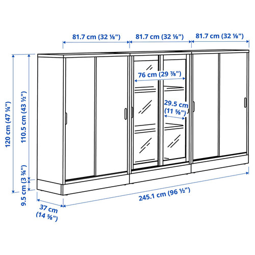 TONSTAD Storage combination w sliding doors, oak veneer/clear glass, 245x37x120 cm