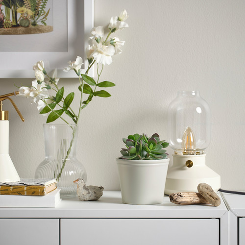KÖRSBÄRSBJÖRK Plant pot, light grey/beige, 9 cm