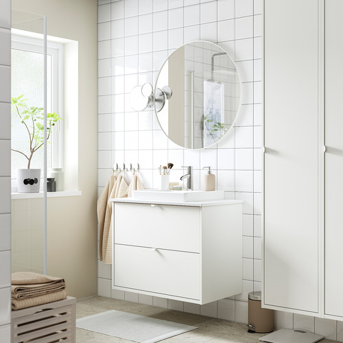HAVBÄCK / ORRSJÖN Wash-stnd w drawers/wash-basin/tap, white/white marble effect, 82x49x71 cm