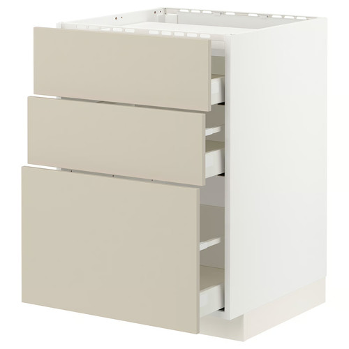 METOD / MAXIMERA Base cab f hob/3 fronts/3 drawers, white/Havstorp beige, 60x60 cm