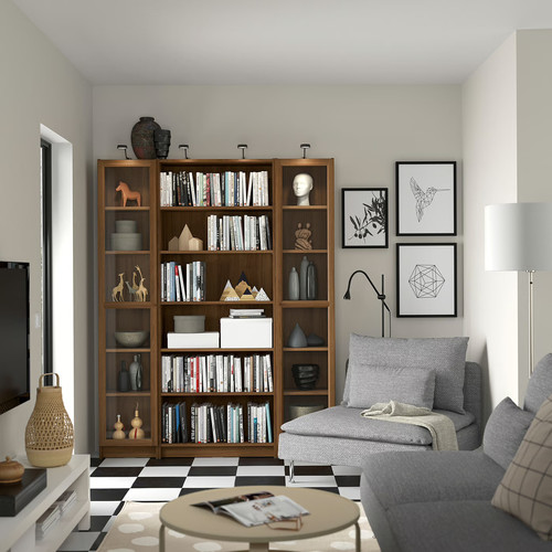BILLY / OXBERG Bookcase comb w glass doors, brown walnut effect, 160x202 cm