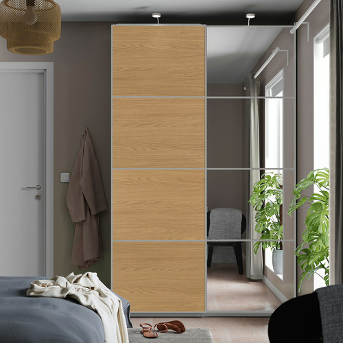 AULI / MEHAMN Pair of sliding doors, aluminium mirror glass/double sided oak effect, 150x236 cm