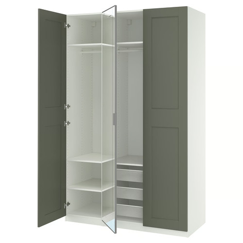 PAX/KAMMARTORP/GRIMO Wardrobe combination, white mirror glass/grey grey-green, 150x60x236 cm