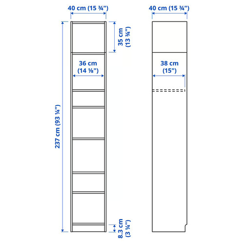 BILLY Bookcase with height extension unit, white, 40x40x237 cm