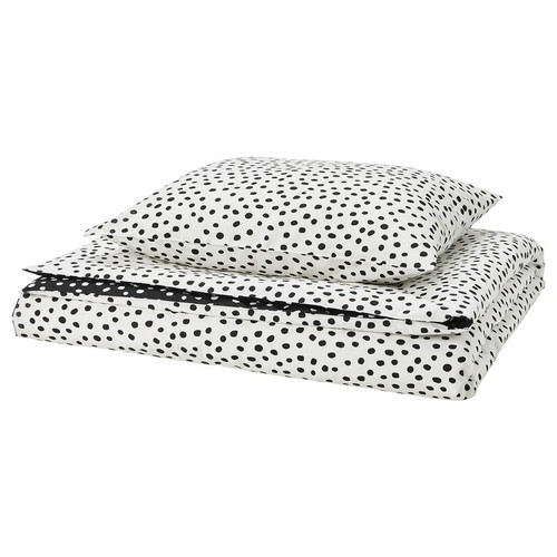 BJÖRKGRÅMAL Duvet cover and pillowcase, black white/dotted, 150x200/50x60 cm