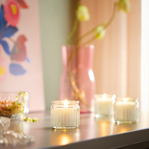 HÖKGÖK Scented candle in glass, Vanilla pale beige, 12 hr