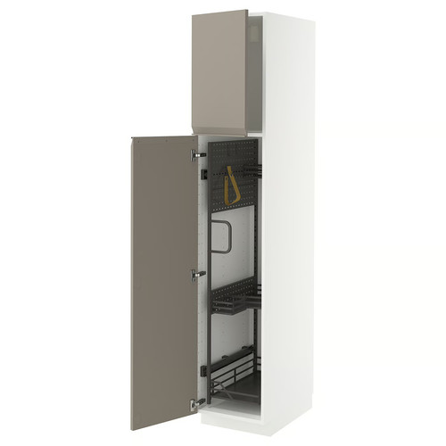 METOD High cabinet with cleaning interior, white/Upplöv matt dark beige, 40x60x200 cm