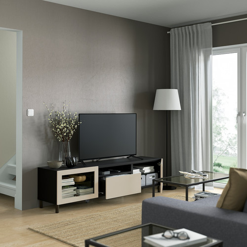 BESTÅ TV bench, black-brown Sindvik/Lappviken/Mejarp light grey/beige, 180x42x48 cm