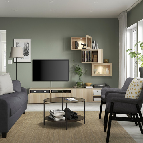 BESTÅ TV storage combination/glass doors, white stained oak effect/Lappviken white stained oak eff clear glass, 240x42x190 cm