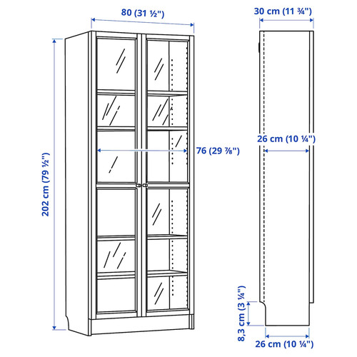 BILLY / OXBERG Bookcase w glass doors, oak effect, 80x30x202 cm