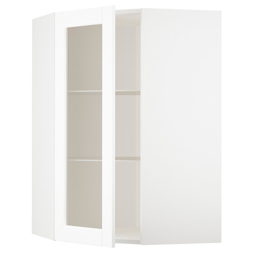 METOD Corner wall cab w shelves/glass dr, white Enköping/white wood effect, 68x100 cm
