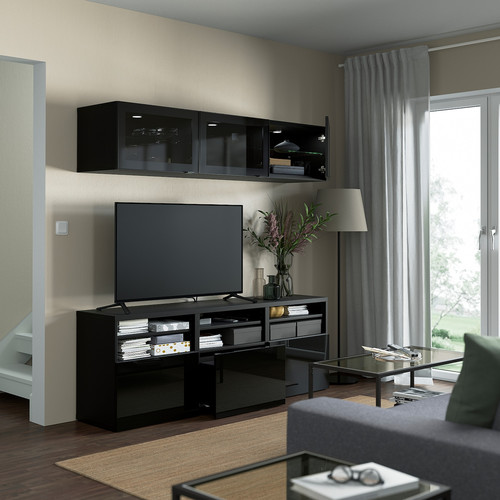 BESTÅ TV storage combination/glass doors, black-brown/Selsviken high-gloss/black smoked glass, 180x42x192 cm